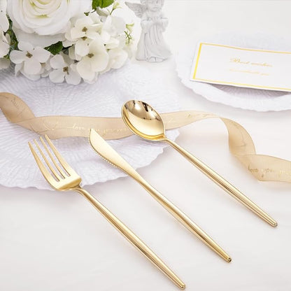SUT 150PCS Gold Plastic Silverware, Plastic Utensils,Gold Silverware Disposable,Disposable Utensils Heavy Duty,Plastic Cutlery Set,Includes:50 Knives, Forks and Spoons for Party, Birthday,Wedding