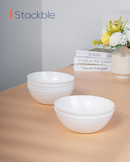 27 OZ Max Cereal Soup Bowl Set of 6, Opal Glass 7.2 inch White Geometric Faceted Bowls for Ramen, Noodle, Salad, Fruit, Dishwasher and Microwave Safe