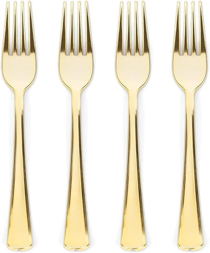 Prestee Set of 300 Gold Plastic Forks Disposable - 7-in Heavy-Duty Fork Flatware - Bulk Pack Fancy Silverware - Sturdy Elegant Cutlery for Weddings, Birthday Parties, Buffets, Catering, and Events
