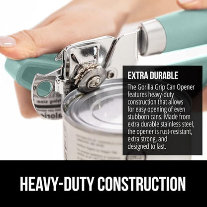 GORILLA GRIP Heavy Duty Stainless Steel Smooth Edge Manual Can Opener and Bottle Openers, Soft Comfortable Handle, Oversized Handheld Turn Knob, US Designed Multifunctional Kitchen Tool, Mint
