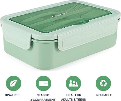 Caperci Classic Bento Box Adult Lunch Box for Older Kids - Leakpoof 47 oz 3-Compartment Lunch Containers for Adults and Teens, Built-in Utensil Set, Ideal for On-the-Go Balanced Eating, Green