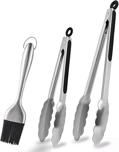 Stainless Steel Kitchen Tongs & Basting Brush Set – Heat Resistant Up to 600°F, Metal Locking Tongs for Cooking, Grilling, Baking & Barbeque (Silver, 9+12 inch)