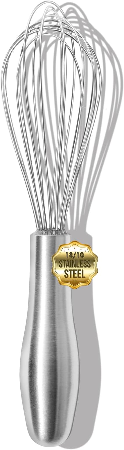 8" Whisk, Ergonomic Handle, Dishwasher Safe 18/10 Stainless Steel Whisk, Professional Kitchen Metal Wisk, Perfect for Whisking, Blending, Beating, and Baking