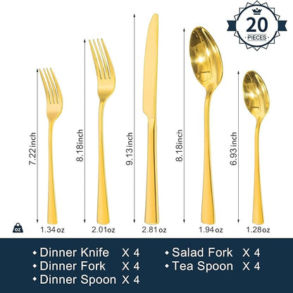 KINGSTONE 18/10 Stainless Steel Flatware, 20-Piece Forged Silverware Set for 4, Mirror Polished Cutlery Set Dishwaher Safe for Home, Restaurant, Wedding, Party, Gold