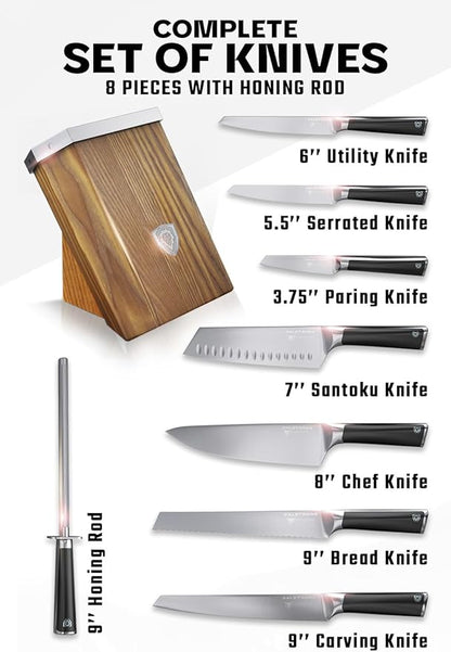 Dalstrong Knife Block Set-8pc-Vanquish Series-Forged High Carbon German Steel-Kitchen Knife Set-Premium Wood Block-Black POM Handle-NSF Certified-Men's Valetines Gift