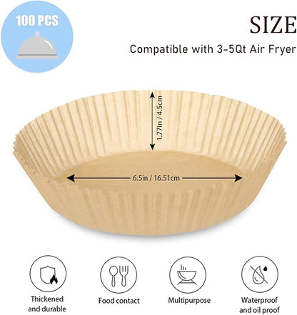 100PCS Air Fryer Disposable Paper Liners Fit 3-5QT Non-Stick Air Fryer Parchment Paper Air Frying Roasting Microwave Basket Oil-proof Resistant Baking Parchment Paper Thick (Round, 6.5inch)