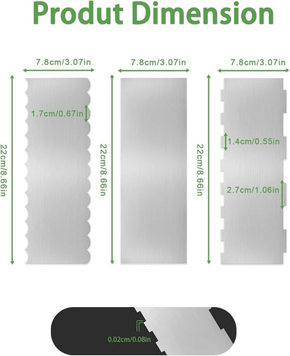 3PCS Stainless Steel Cake Scraper Set, Icing Scraper & Icing Smoother for Cake Decorating, Frosting Scraper Tools, Alisador de Pasteles for Buttercream & Baking