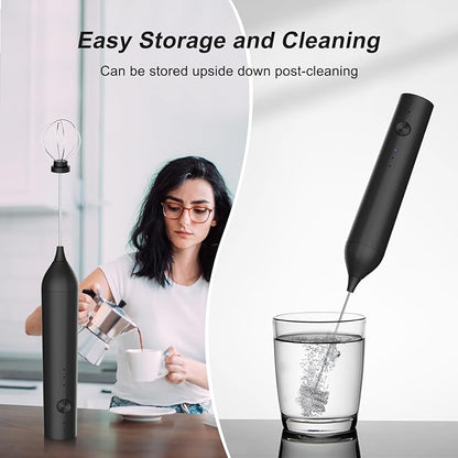 Rechargeable Milk Frother by ELMWAY, 3 Speed Electric Milk Frother Handled with Wand and Egg Whisk Attachments, for Coffee, Matcha and Protein Powder (Black without Stand)