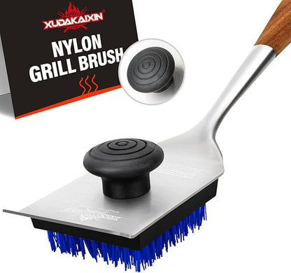 Grill Brush and Scraper, Dual Grip Design,Extra Strong BBQ Cleaner Accessories,Safe Nylon Bristles Barbecue Triple Scrubbers Cleaning Brush for Cast Iron Grates/Porcelain/Charcoal Grill