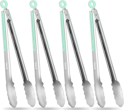 Tongs for Cooking, 12-Inch Stainless Steel Kitchen Tongs, Locking Metal Food with Silicone Non-Slip Grip, Kitchen Utensils for Food, Salad and Outdoor BBQ, Set of 4 (Mint Green)