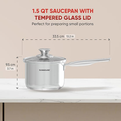 SUNHOUSE – 1.5 Quart Stainless Steel Sauce Pan with Lid - PFOA-FREE, High Stainless Steel Sauce Pan, Induction base, Stay-Cool Handle, Compatible with All Cooktops Gas, Geramic, Electric etc.
