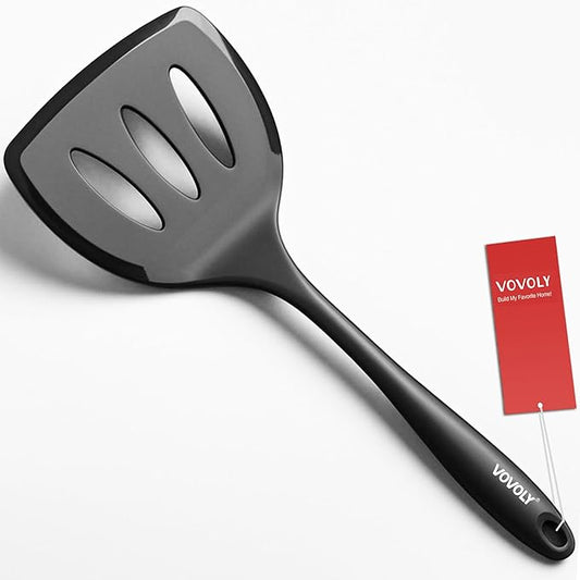Silicone Pancake Spatula Turner with Lengthened Handle& Seamless Design, Heat Resistant Slotted Flipper for Nonstick Cookware, Large Flexible Kitchen Utensils for Egg, Pancake, Burger, Black