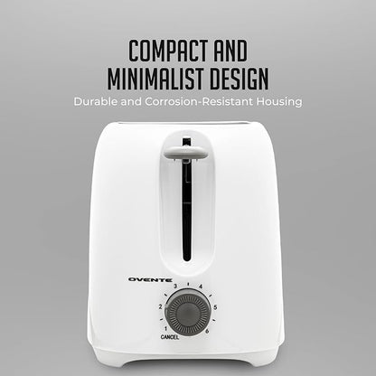 OVENTE Electric 2 Slice Toaster Machine with 6-Shade Browning Selector Setting, Compact Design and Removable Crumb Tray, 700W Power Perfect for Toasting Bread, Thin Bagels and Waffles, White TP2210WGY