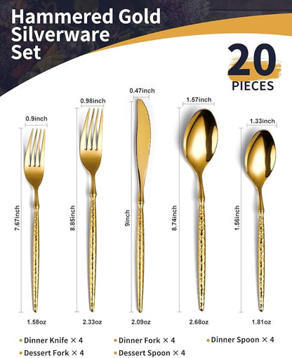Lemeya 20-Piece Hammered Gold Silverware Set,18/10 Stainless Steel Forging Heavy Duty Cutlery Set for 4, Luxury Unique Flatware Set,Spoons and Forks Set,Mirror Polished,Dishwasher Safe
