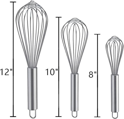 Whisks for Cooking, 3 Pack Stainless Steel Whisk for Blending, Whisking, Beating and Stirring, Enhanced Version Balloon Wire Whisk Set, 8"+10"+12"