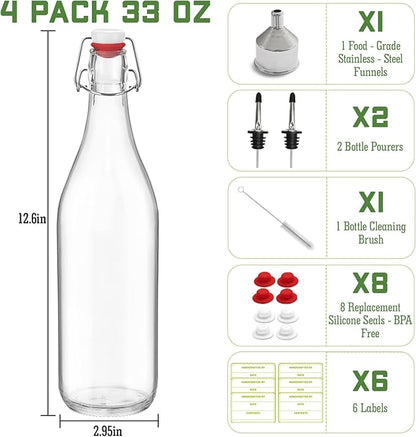 4 Pack [1 Liter / 33 fl. oz.] Swing Top Glass Bottles – Airtight Flip Top Brewing Bottles for Kombucha, Beer, Wine, Kefir, Soda, Liquor – Includes Funnel, 2 Pourers, 6 Seals, 8 Labels & Jute Twine