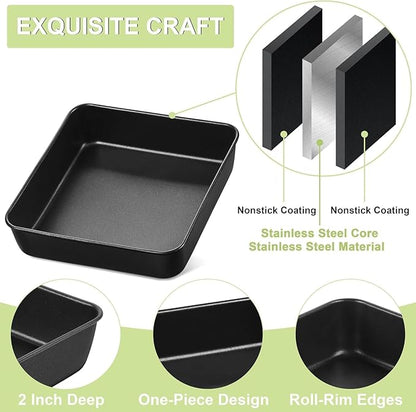 E-far 9 Inch Square Cake Pan Set of 2, Nonstick 9x9 Baking Pan with Stainless Steel Core, Black Metal Bakeware for Brownies Lasagna Cakes, Non-toxic & Easy Clean, 2 Inch Deep