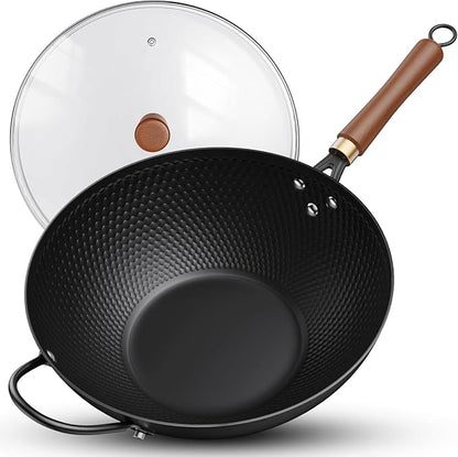 Nonstick Wok, 13-Inch Carbon Steel Wok Pan with Glass Cover, Woks & Stir-Fry Pans for Induction, Electric, Gas, Halogen, All Stoves