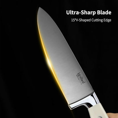8 inch Chef Knife, High Carbon 1.4116 German Steel Kitchen Knife, Ultra Sharp Chefs Knife with Beautiful White ABS Handle, Professional Cooking Knife with Luxury Gift Box
