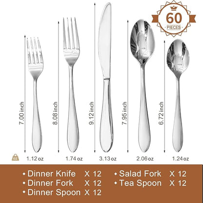KINGSTONE 60-Piece Silverware Set for 12,18/10 Premium Stainless Steel Flatware Set, for Home, Restaurant, Wedding and Party Use, Mirror-Polished Cutlery Set, Dishwasher Safe.