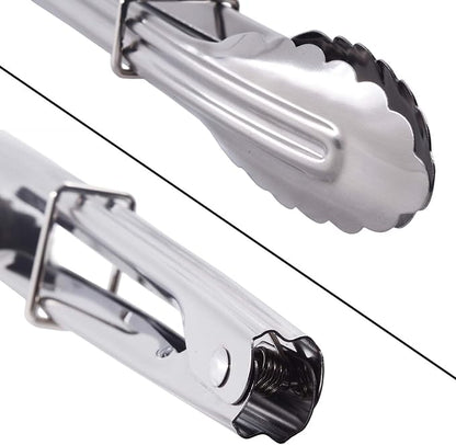 Mini Stainless Steel Food Tongs with Silding Rings 7-Inch - Set of 6 - Small Clam Shell Service Tongs for Serving Appetizers, Desserts, Salads, Barbecue and Cooking (Silver)