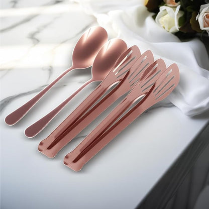 12PCS Stainless Steel Serving Utensils Sets,8 Large Serving Spoons,4 Serving Tongs,Rose Gold Serving Utensills Sets for Buffet Catering Banquet Party (Rose Gold)