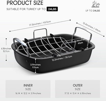 Roasting Pan, 17x13 Inch Nonstick Turkey Roaster with Removable Rack & Cooking Kit,Roaster Pan for Roasting Turkey, Meat & Vegetables (Silver)