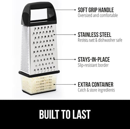 GORILLA GRIP XL 4-Sided Cheese Grater With Container, 100% BPA-Free Stainless Steel Box Graters, Parmesan Shredder, Grate Cheeses, Shred Veggies, Slip Resistant Handle, Dishwasher Safe Zester, Black