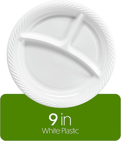 PLASTICPRO 9 inch Round Plastic Plates 3 Compartment - 3 Section Plates Microwaveable, Disposable, White, Dinnerware 400 Count