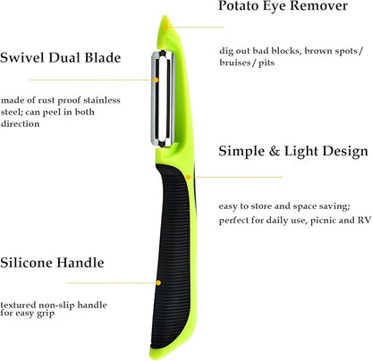 Vegetable Potato Peeler for Kitchen, 1 Piece Serrated Peeler for Soft Skin, 2 Pieces Straight Peeler for Apple Fruit Veggie, with Silicone Handle (Set of 3, Pink/Purple/Green)