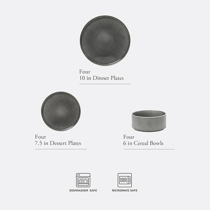 Gibson Elite Solana Coast 12 Piece Stoneware Reactive Glaze (Service for 4) Ceramic Plates and Bowls Modern Shape Embossed Dinnerware Set - Black