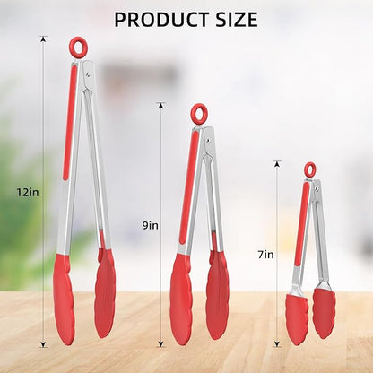 NileHome Tongs for Cooking, Professional Stainless Steel Cooking Tongs – Heat-Resistant for Grilling, BBQ, Serving Salad, Pasta, and Kitchen Use, Dishwasher Safe, Set of 7" 9" 12", Red