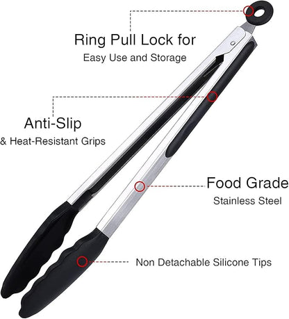 Kitchen Tongs Set of 3, Black Cooking Tongs with Silicone Tips, Non-Stick Non-Scratch Heat Resistant Tongs for Grilling Cooking BBQ Buffet Salad (Black, 7/9/12 Inch)