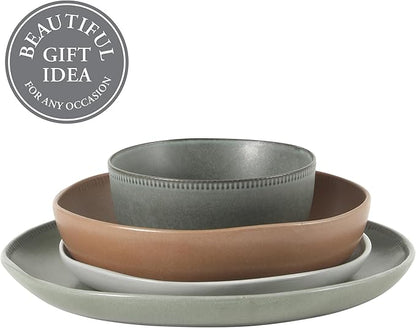 Gibson Elite Menlo Park 16-Piece Pottery Clay Stoneware Dinnerware Set – Assorted Color Reactive Glaze, Organic Shape Embossed Plates and Bowls W/Pasta Bowl, Service for 4 Microwave Dishwasher Safe