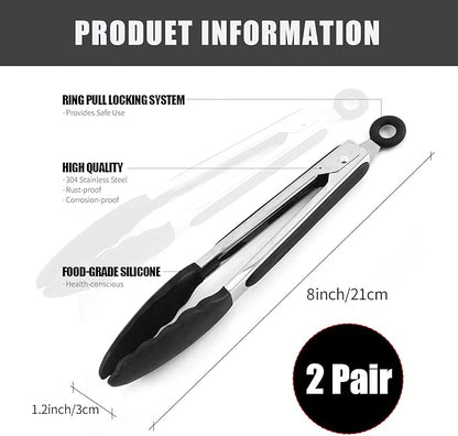 2 Pcs Mini Stainless Steel Food Tongs,7“Size Kitchen Tongs,Tongs for Cooking,Silicone BPA Free Non-Stick BBQ Cooking Grilling Locking (7 inches)