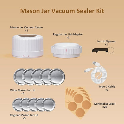Fully Automatic Mason Jar Vacuum Sealer Kit - Auto Stop Mason Jar Vacuum Sealer Kit, Jar Vacuum Sealer for Mason Jars, Jar Vacuum Sealer, A Must-Have for Canned Foods Pantry Canning Pickling