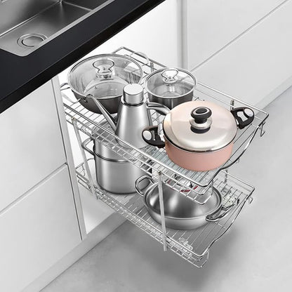 Fulgente Chrome Finish Pull Out Drawers Cabinet Organizer, Professional Large Wire Basket Frame 2 Tier Heavy Duty Slide Out Kitchen Storage Organizations Shelves Sliding Pantry 11"W x 18"D x 15.12"H