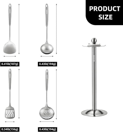 5 Pieces Cooking Utensils set, 18/8 Stainless Steel Kitchen Utensil Set with Rotating Holder (Dishwasher Safe)