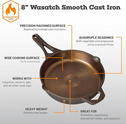 Backcountry Iron 8 Inch Smooth Wasatch Pre-Seasoned Round Cast Iron Skillet