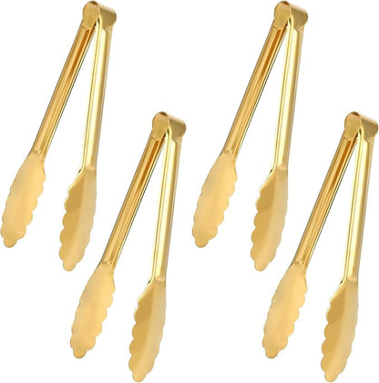 4 Pack Gold Tongs for Serving Food, 9 Inch Serving Tongs, Gold Buffet Tong Stainless Steel Utensils, Metal Kitchen Tong for Salad, Steak, Appetizer, Snack and Small Food (GOLD, 9INCH)
