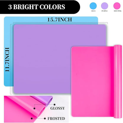 LEOBRO Silicone Mat for Resin Molds, 3 PCS Silicone Mats for Epoxy Resin, UV Resin, Play Dough Mat, Clay Mat, Nonstick Silicone Sheets Pads for DIY Arts and Crafts, Pink & Purple & Blue, 15.7”x 11.7”