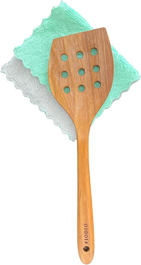 Teak Wooden Spatula for Cooking – Natural Non-Stick, Handcrafted Kitchen Utensils with Round Slotted Turner, Comfort Grip & Microfiber Cloth