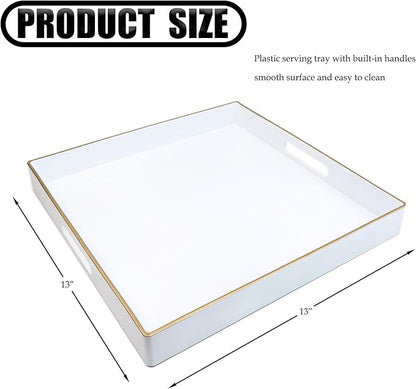 Spsyrine Decorative Tray, 13" Plastic Square Coffee Table Tray with Handles for Living Room, Ottoman, Bathroom Decor