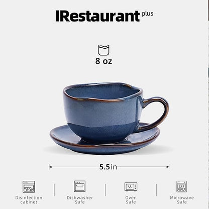 Organic Shape Restaurant 8OZ Coffee Cup and Saucer, Commerical Grade Catering Stoneware Cup and Saucer in Ir-regular Organic Shape, Chip & Scratch Resistant, Glossy Reactive Glaze Blue, Case of 24
