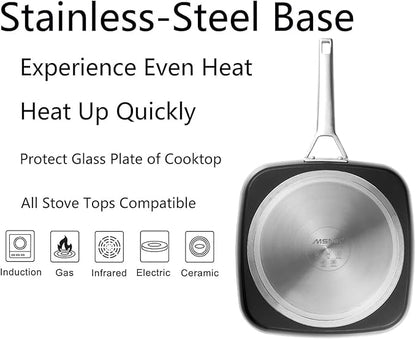 MsMk Square Grill Pan with lid, Stay-Cool Handle, Each Ridge Nonstick, Oven Safe Dishwasher Safe Induction Grill pans for Stove Tops, Square Frying Pan, Bacon Pan, Indoor Chicken Skillet, 11-Inch