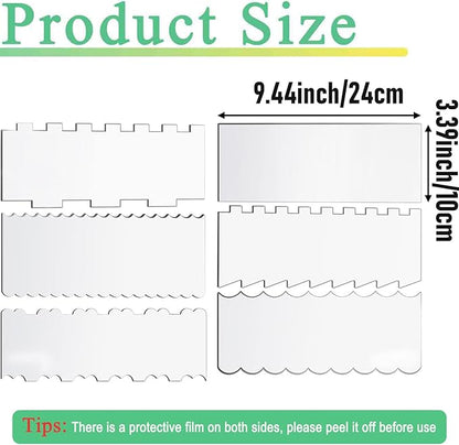 6-Piece Clear Acrylic Cake Decorating Scraper Set – Large Icing Smoothers and Edge Combs for Buttercream, Frosting, Mousse, and Baking Projects