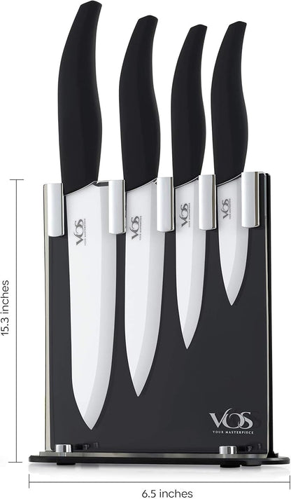 Vos Ceramic Knife Set with Block, Ceramic Knives Set For Kitchen, Ultra Sharp Kitchen Knife Set with Covers, 3" 4" 5" 6" Chef Knife, Utility, Paring & Versatile, Lightweight, Dishwasher safe (Black)