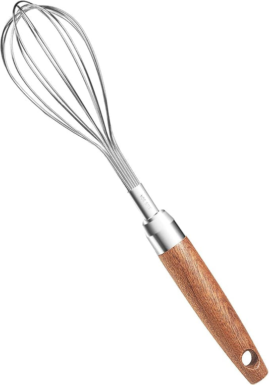 Stainless Steel Wire Cooking Whisk, Multi Function Kitchen Hand Whisk Non Stick Balloon Whisk Egg Beater for Blending Whisking Beating Frothing Stirring Batters,Wooden Handle (11""L x 2.1""W)