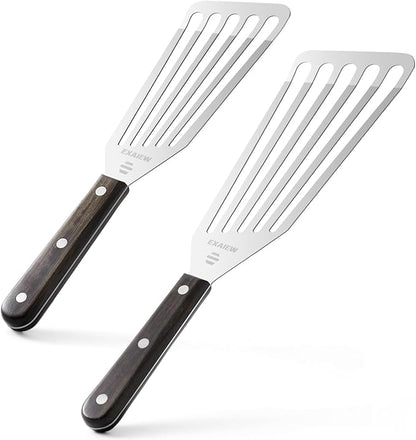 2 Pack Fish Spatula Stainless Steel，Flexible Metal Spatula Perfect for Flipping Eggs, Burgers and Baking, Durable Lightweight Kitchen Slotted Turner for Cooking & BBQ [Wooden Handle]