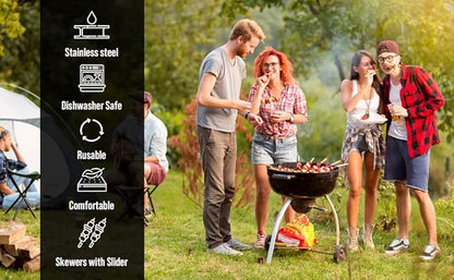 Fuego Skewers for Grilling - 17" Stainless Steel Flat Blade with Push Slider | Reusable & Dishwasher Safe | BBQ Skewers and Shish Kabob | Set of 8